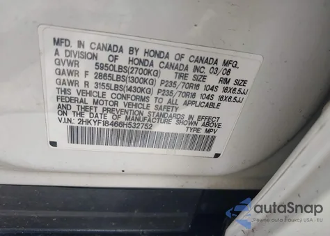 2006 Honda Pilot Ex from USA, damaged, VIN 2HKYF18466H532752